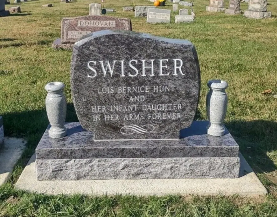 French Curve With Front Chamfers & Checks Granite memorial in Bahama Blue, by Stoltz Memorials