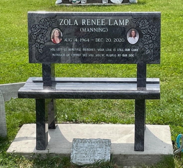 Blue granite garden bench memorial