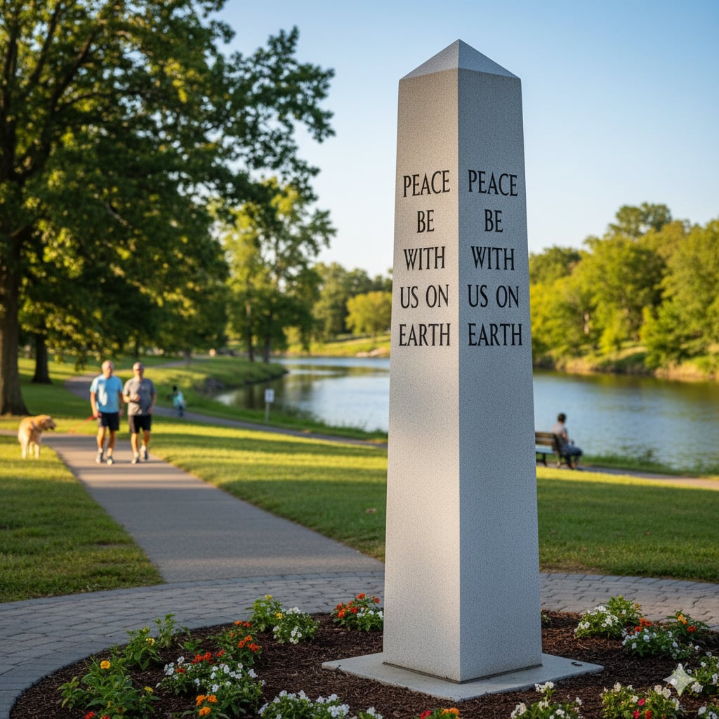 A solid granite peace pole installed outdoors, showcasing its resistance to weather and rot compared to traditional wooden poles.